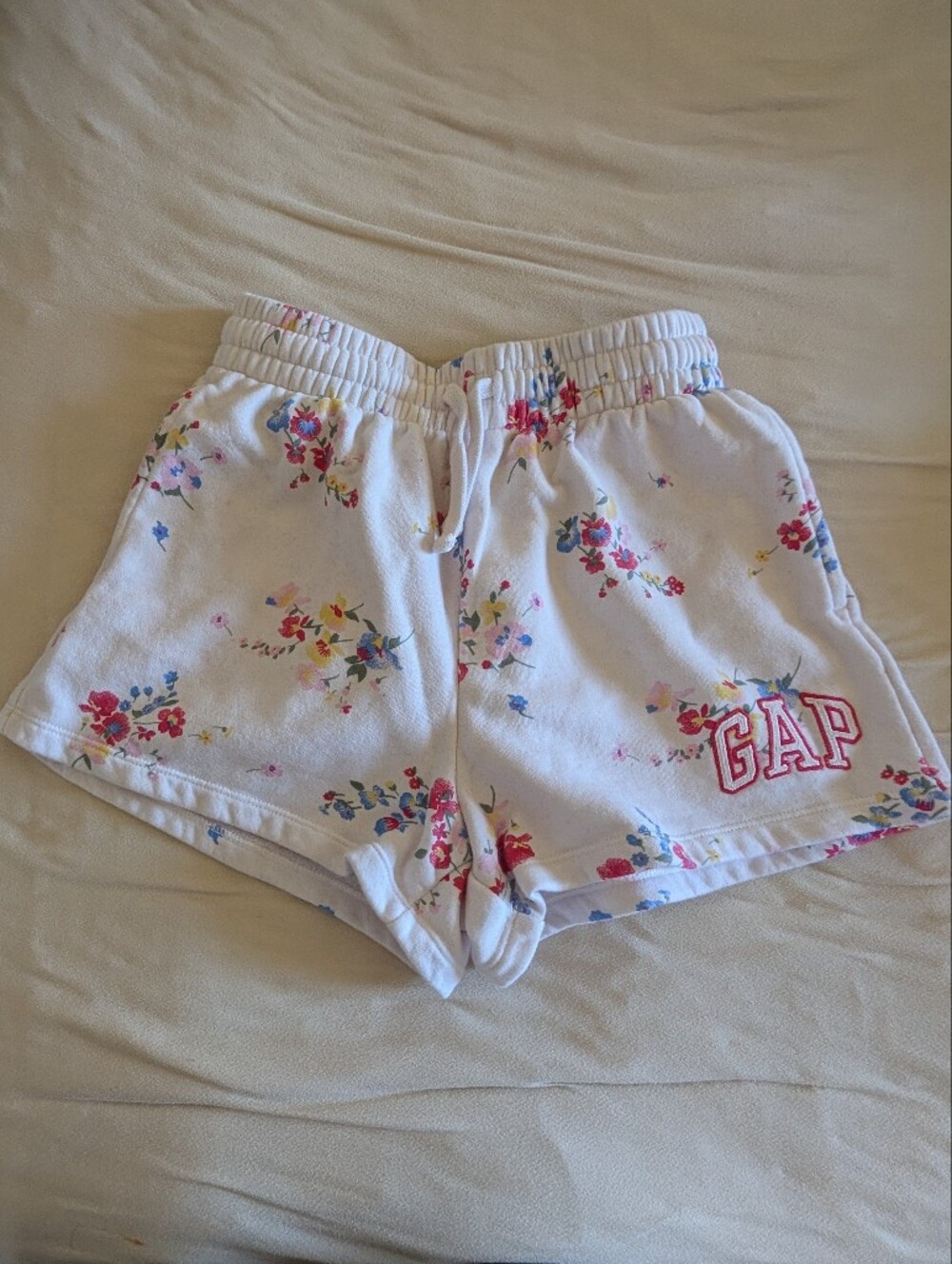 GAP White Floral Drawstring Shorts with Pink Logo